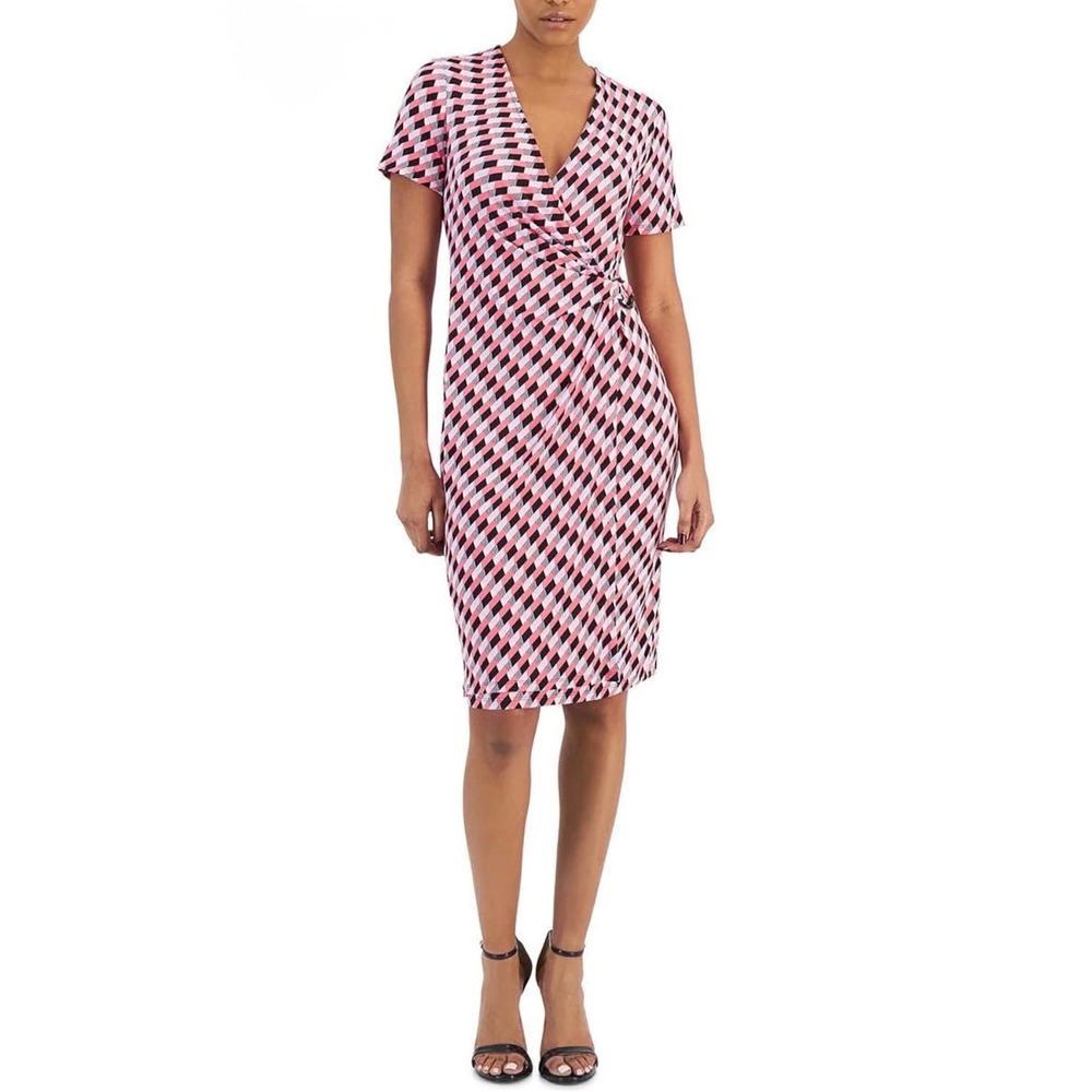 Anne Klein Pink Geometric Faux Wrap Dress Camellia Multi Size S NEW